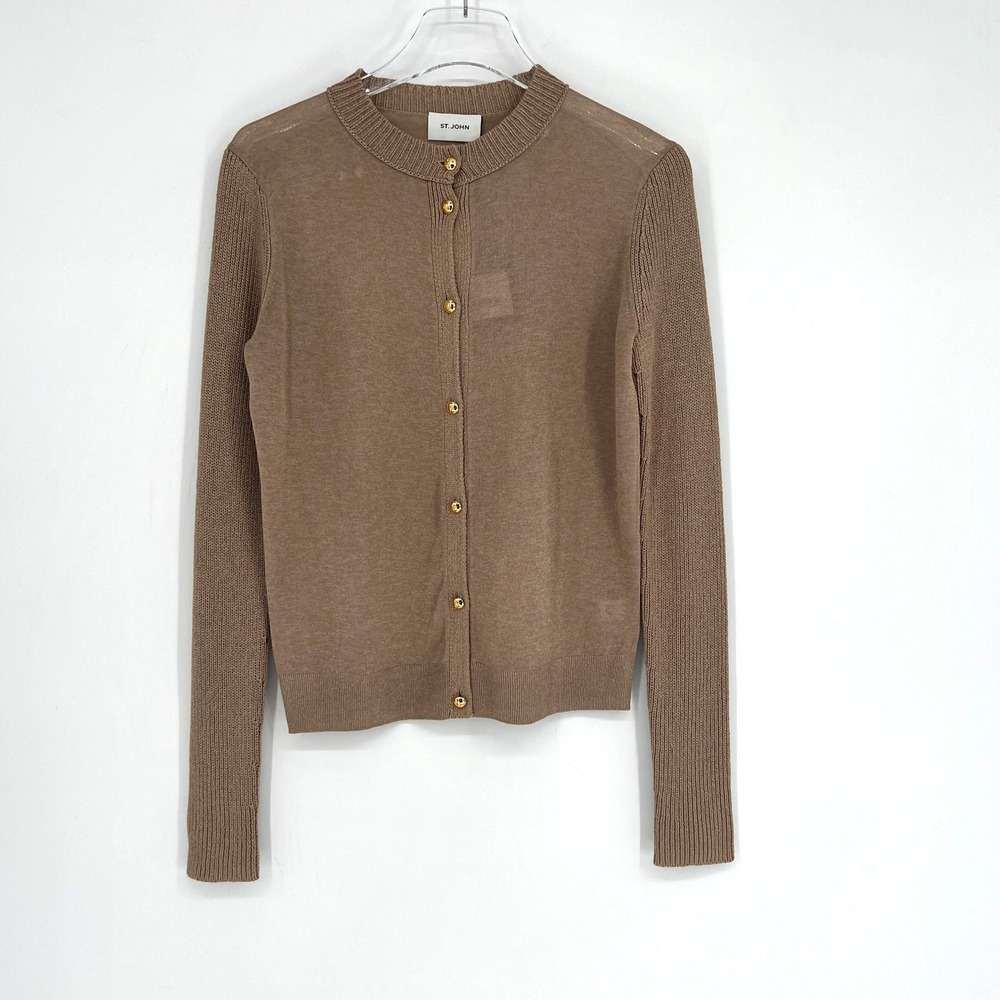 St‎ John Cardigan Womens S Brown Designer Elevated Basic Heritage Preppy Luxury